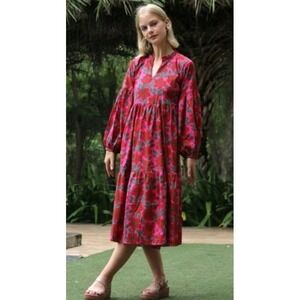 Cyclamen Floral Midi Tiered Dress Large Pink Red Cottagecore